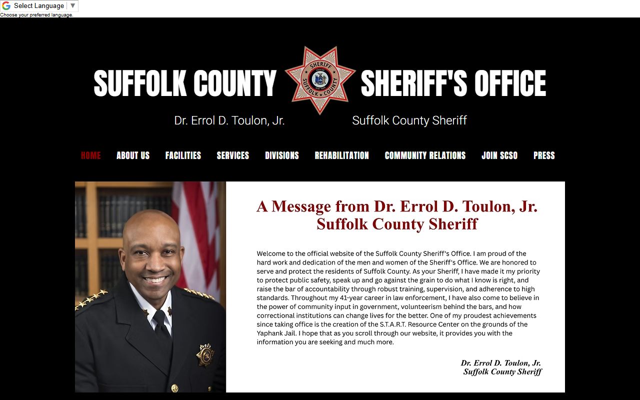 Suffolk County Sheriff's Office website showing inmate lookup and recent bookings for Brookhaven area