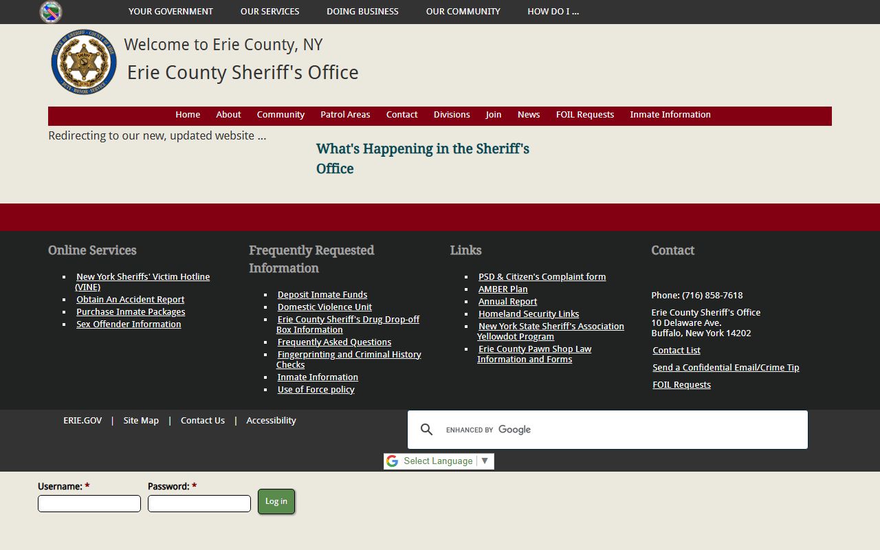 Erie County Sheriff's Office website showing inmate lookup and booking records for Buffalo area