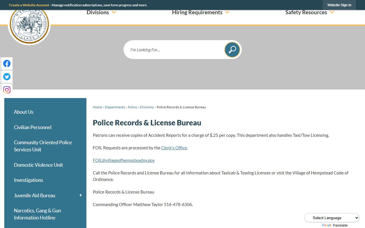 Village of Hempstead Police Department records and license bureau page for recent bookings requests