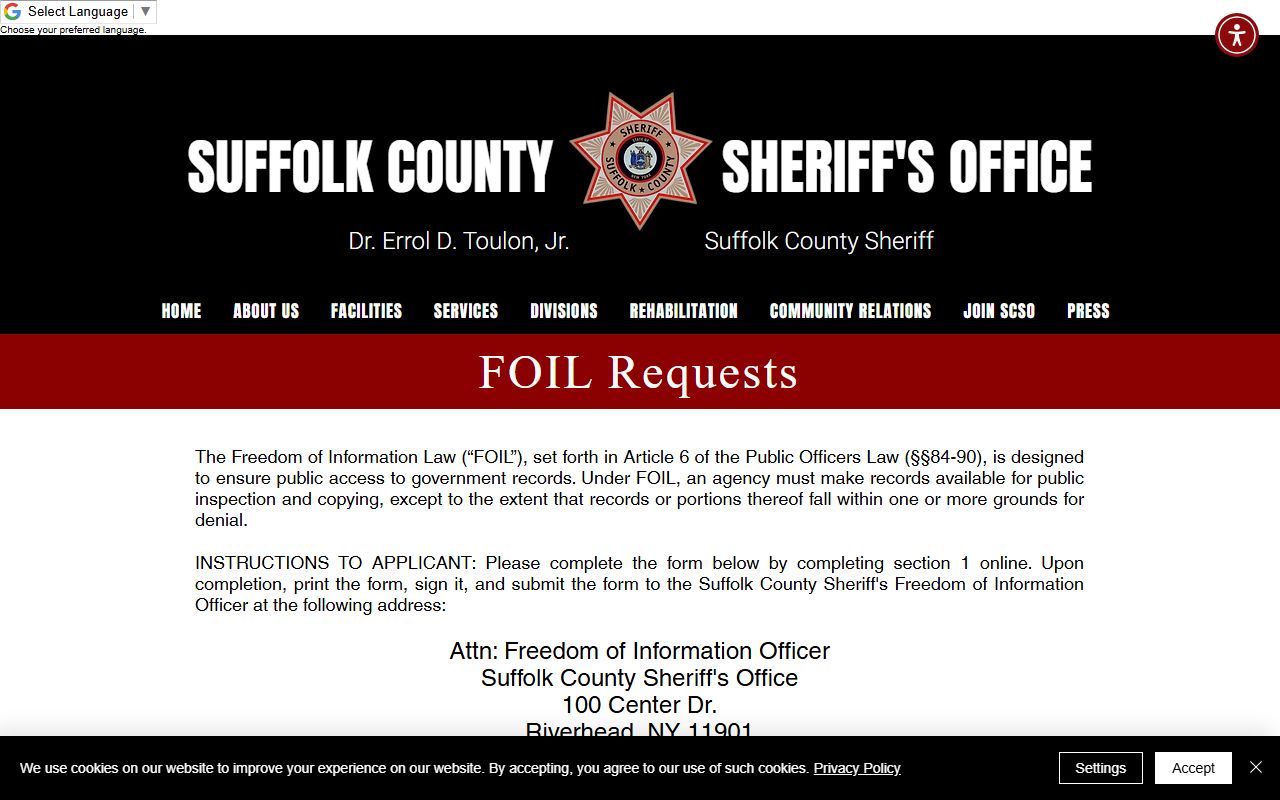 Suffolk County Sheriff's Office inmate lookup and FOIL request page for Islip recent bookings