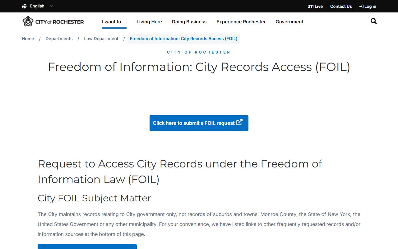 City of Rochester FOIL portal for requesting recent bookings and arrest records