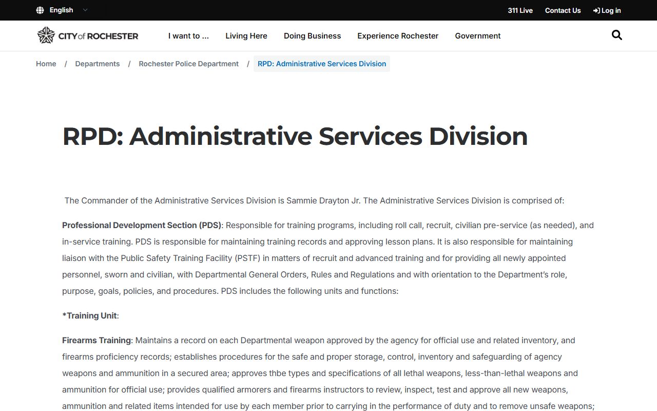 Rochester Police Department Administrative Services Division for booking records access