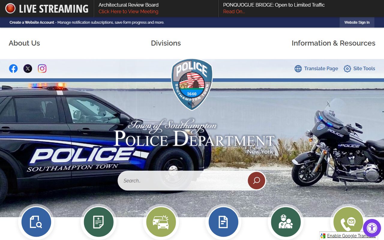 Southampton Town Police Department website showing records and services