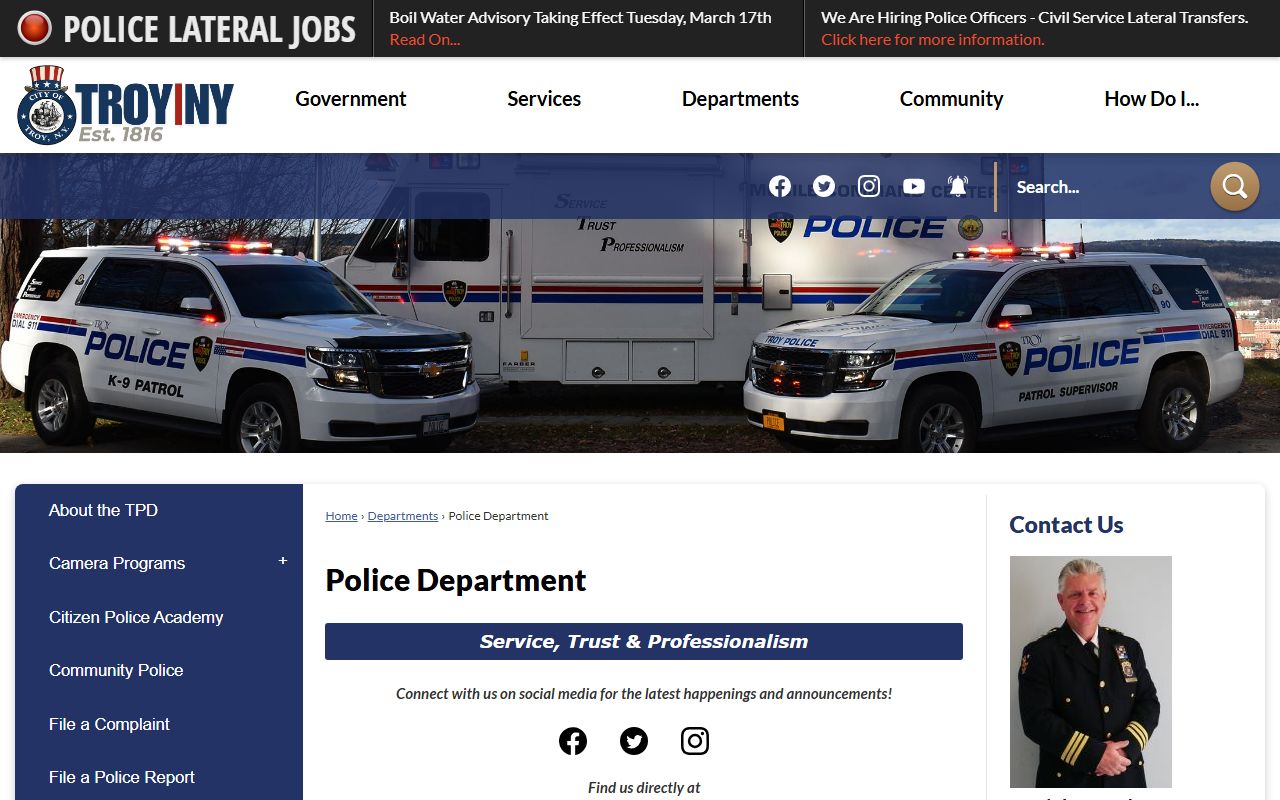 Troy Police Department website showing records and services
