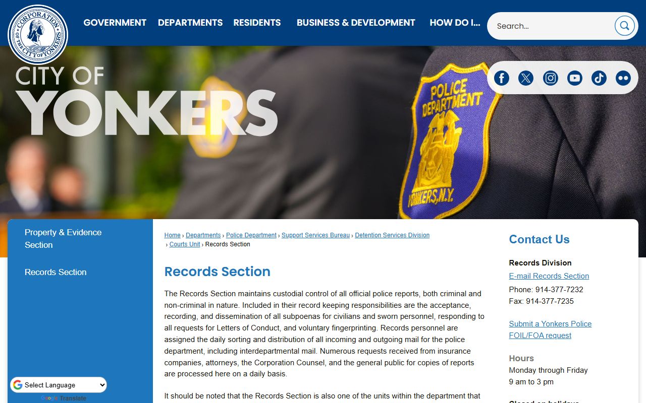 Yonkers Police Department Records Section at Cacace Justice Center for recent bookings and police reports