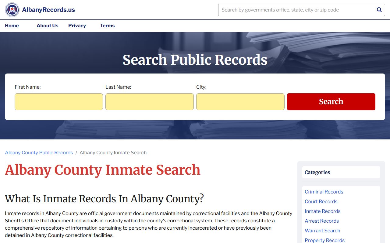 Albany County Sheriff's Office website showing inmate search and recent bookings portal