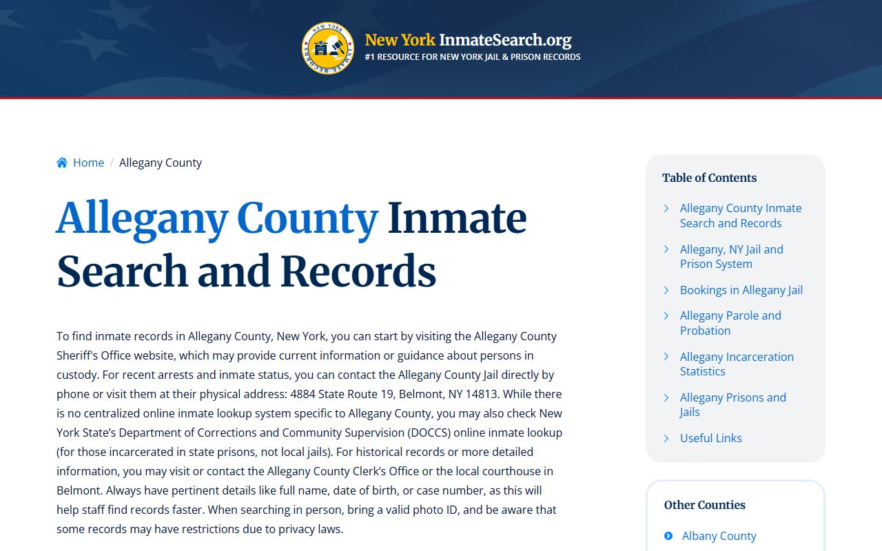 Allegany County inmate search page showing recent bookings lookup tool