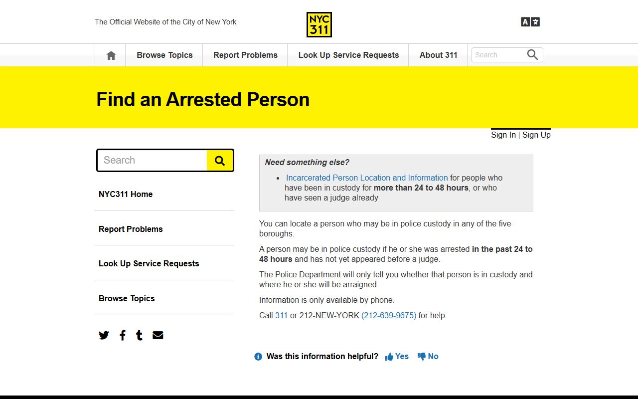 NYC 311 page showing how to find a recently arrested person in Bronx County
