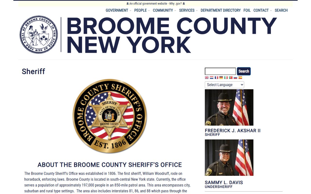 Broome County Sheriff's Office website showing inmate search and recent bookings portal