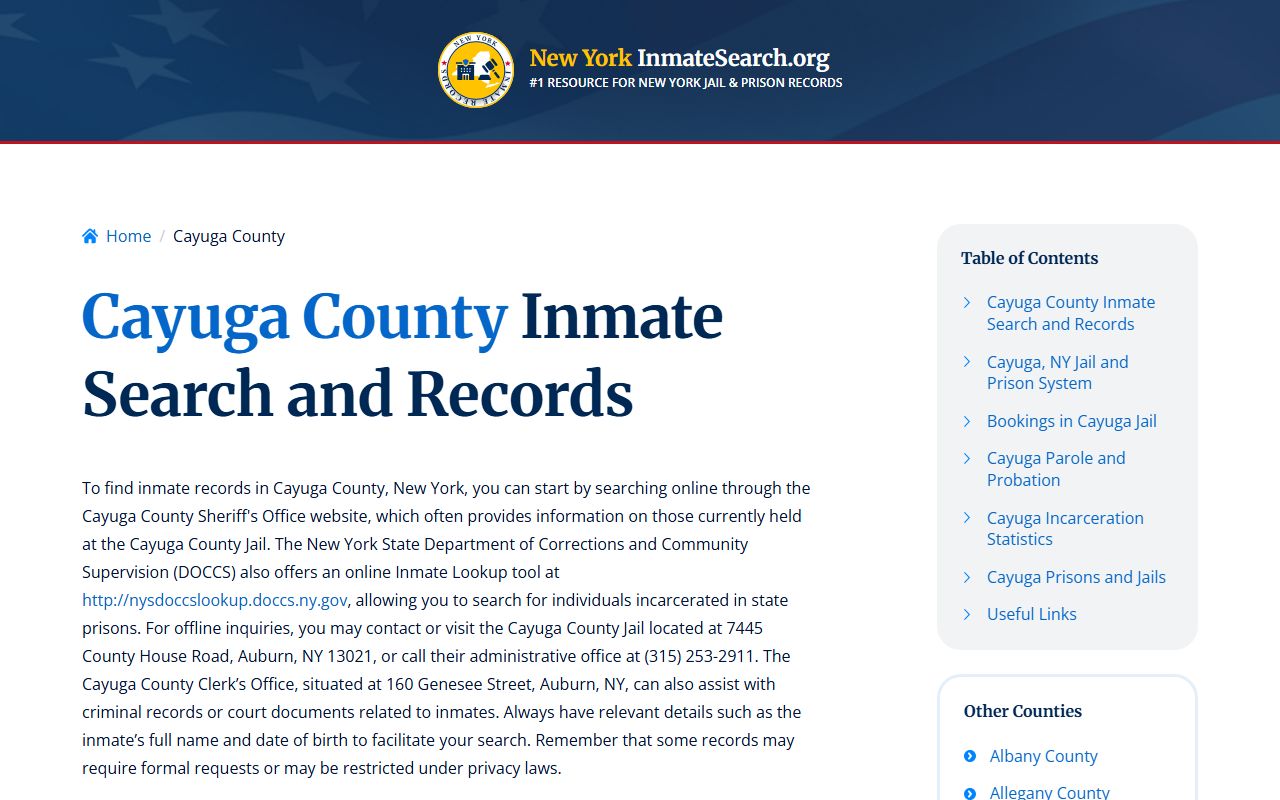 Cayuga County inmate search page showing recent bookings and jail roster