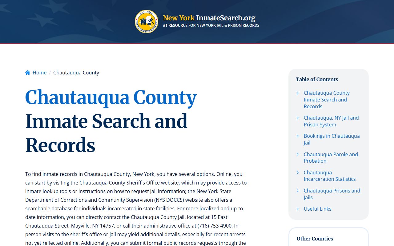 Chautauqua County inmate search page showing recent bookings and jail information