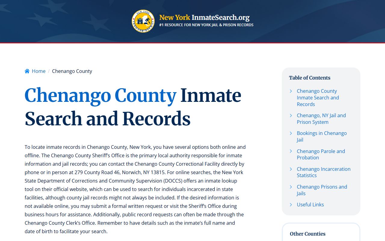 Chenango County inmate search page showing recent bookings lookup