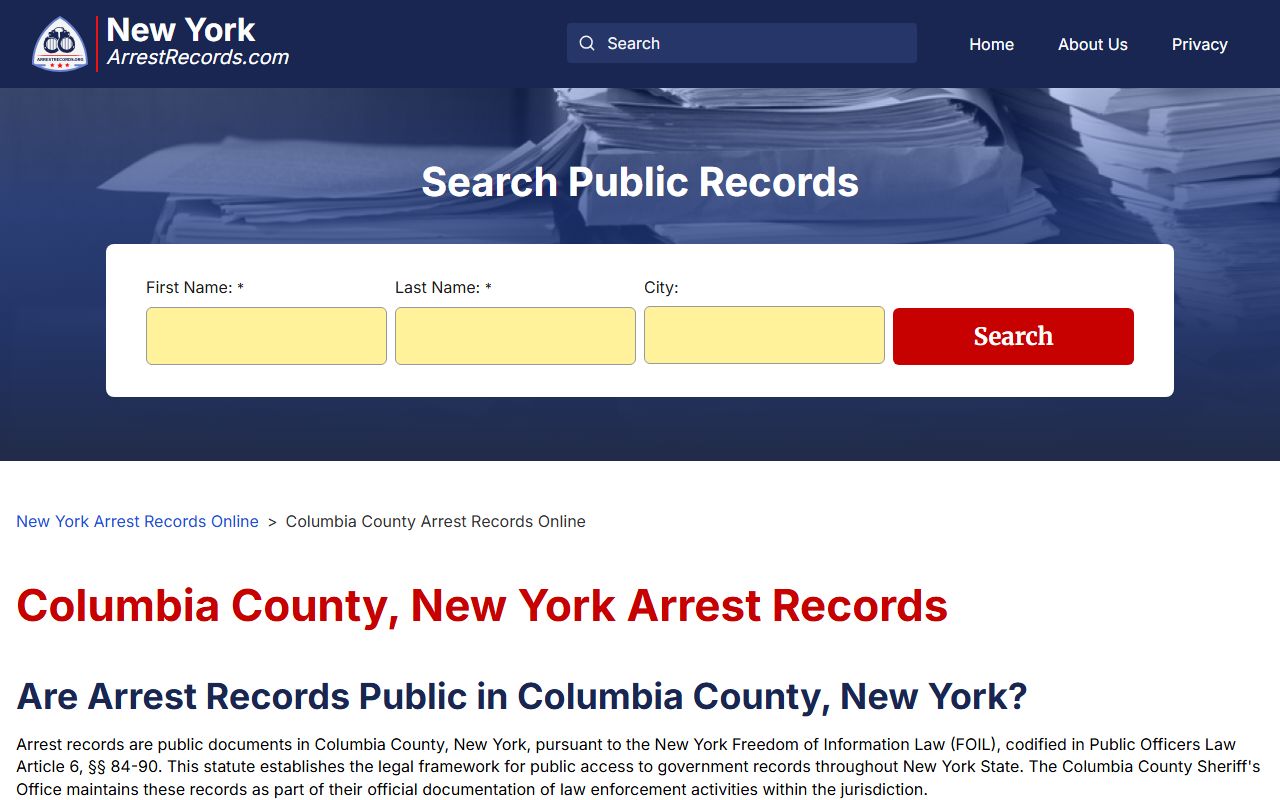 Columbia County arrest records information showing FOIL procedures and recent bookings access