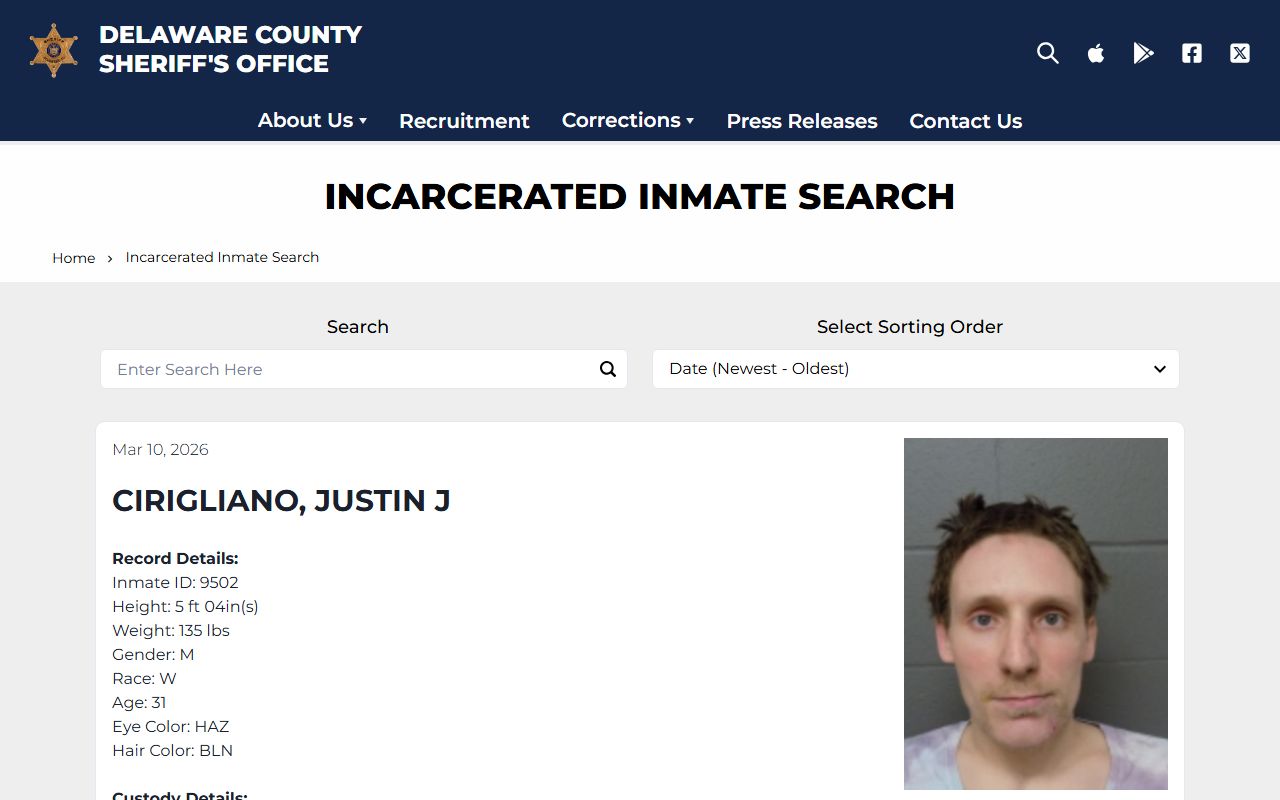Delaware County incarcerated inmate lookup showing recent bookings and custody information