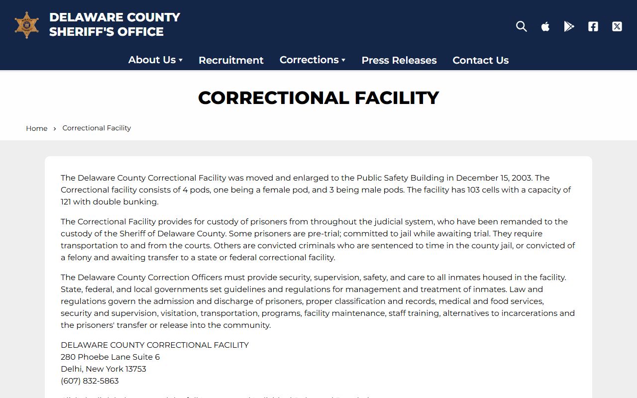 Delaware County Sheriff's Office website showing inmate search and recent bookings portal