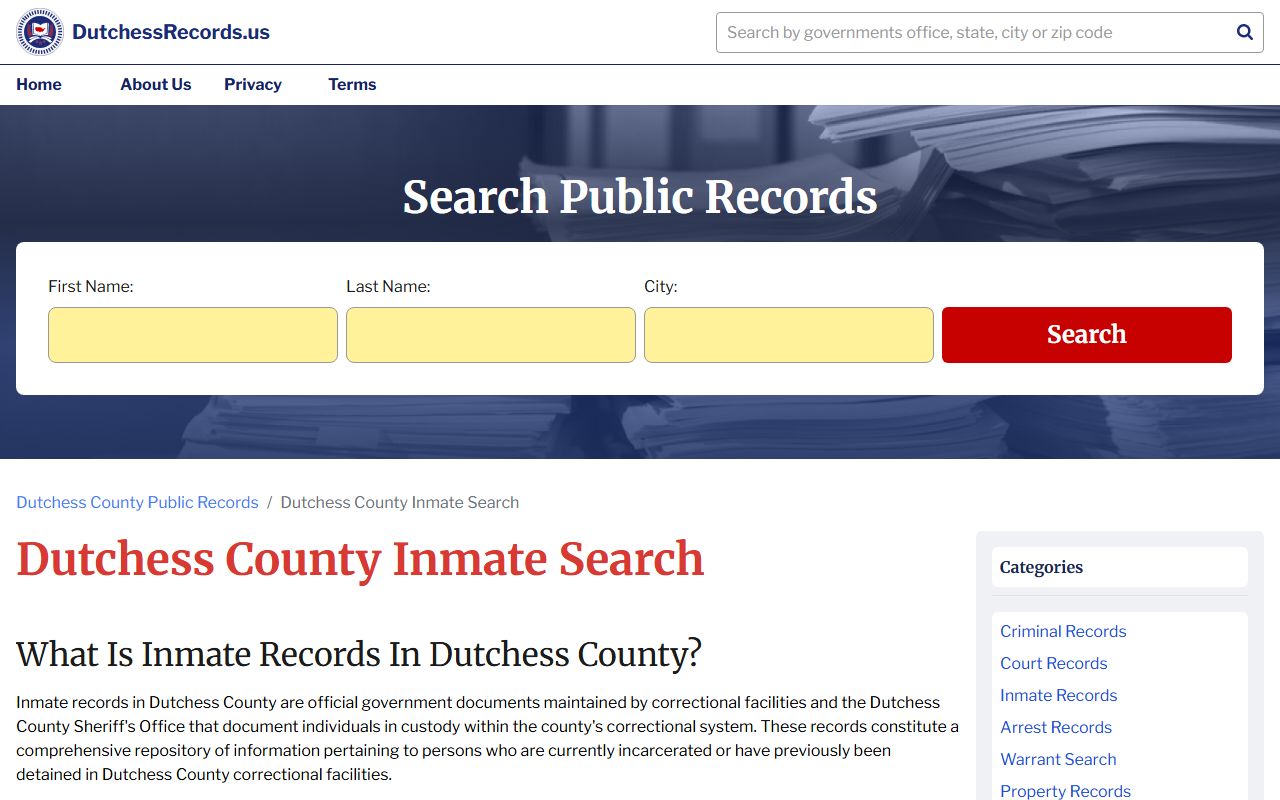 Dutchess County Sheriff's Office inmate records page showing recent bookings information
