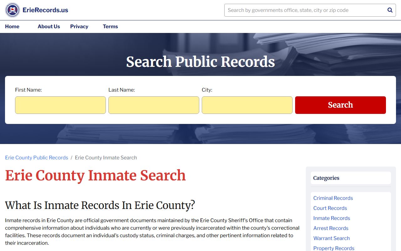 Erie County inmate records search showing recent bookings and custody status