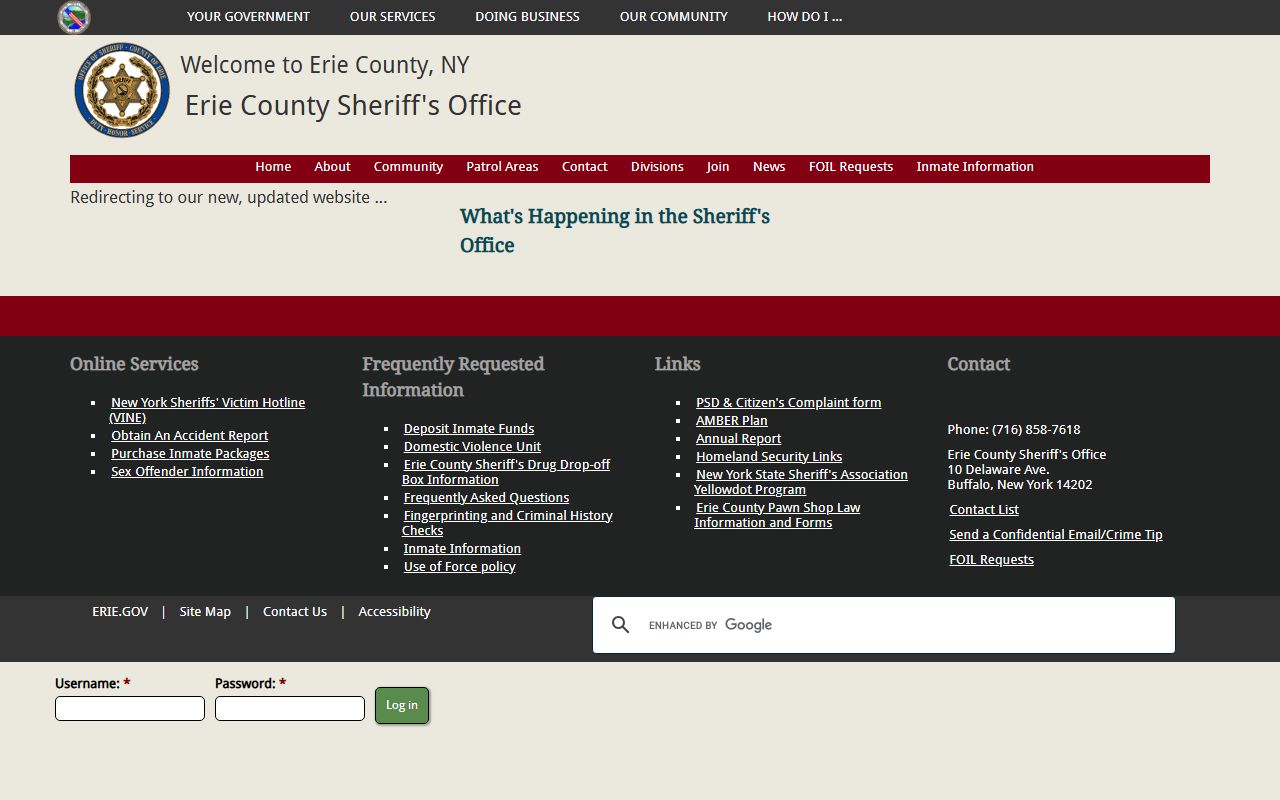 Erie County Sheriff's Office website showing inmate search and recent bookings portal