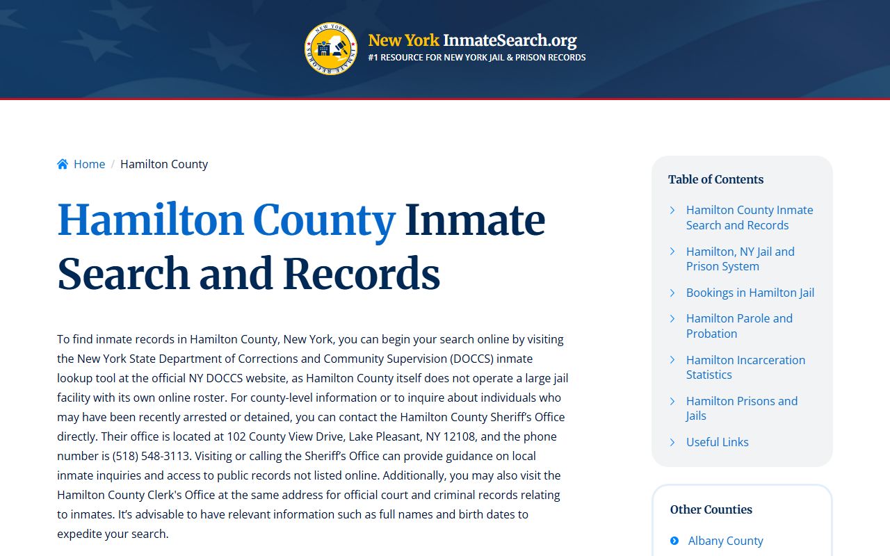 Hamilton County inmate search page showing recent bookings and custody information