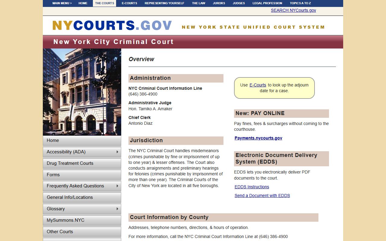 Kings County Criminal Court information page showing Brooklyn court records access for recent bookings