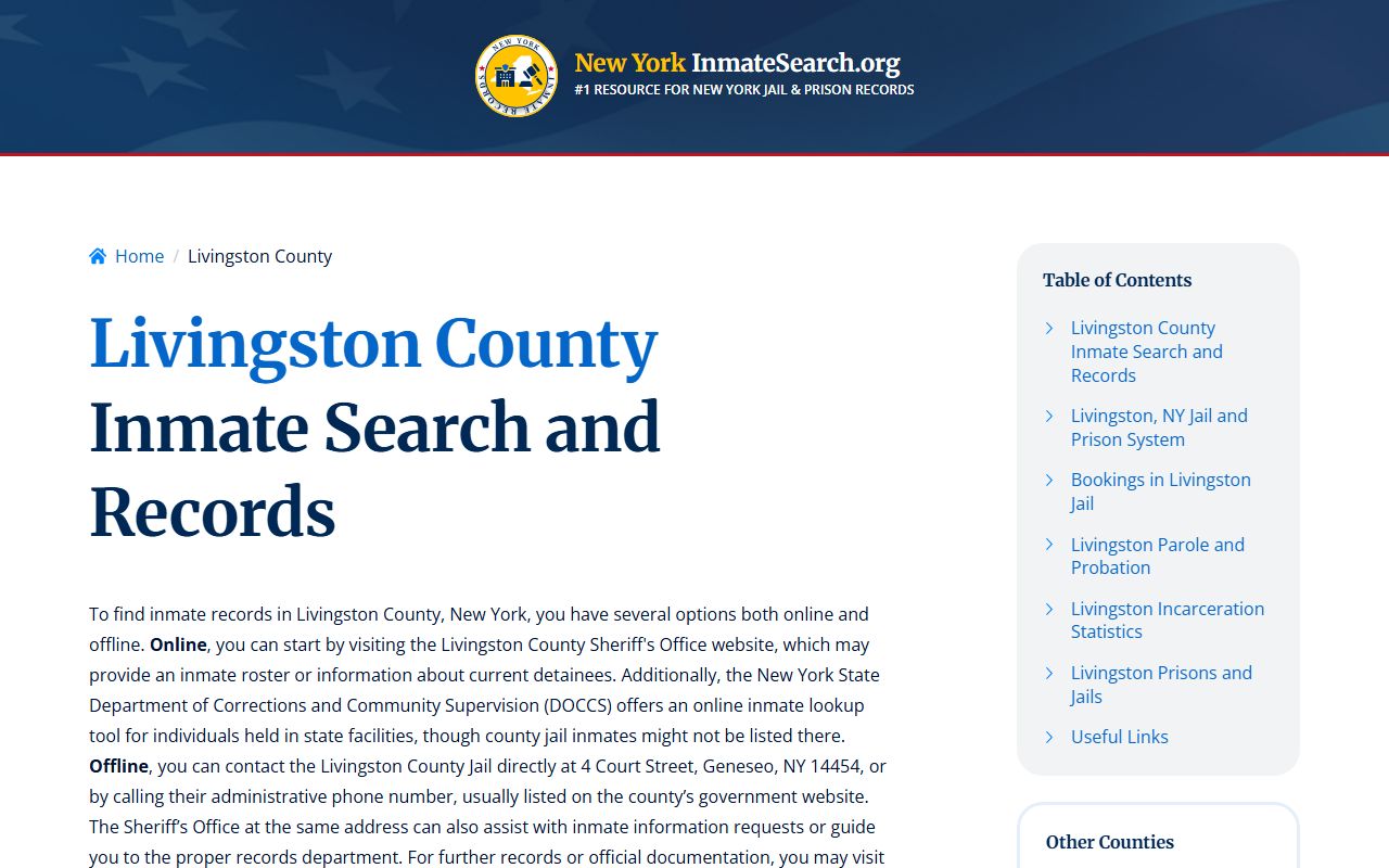 Livingston County inmate search resources showing booking records and custody information