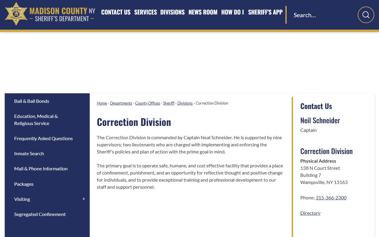 Madison County Correction Division page showing jail operations and booking information for recent bookings