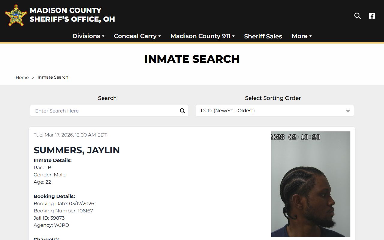 Madison County Sheriff's Office inmate search portal showing recent bookings and custody status