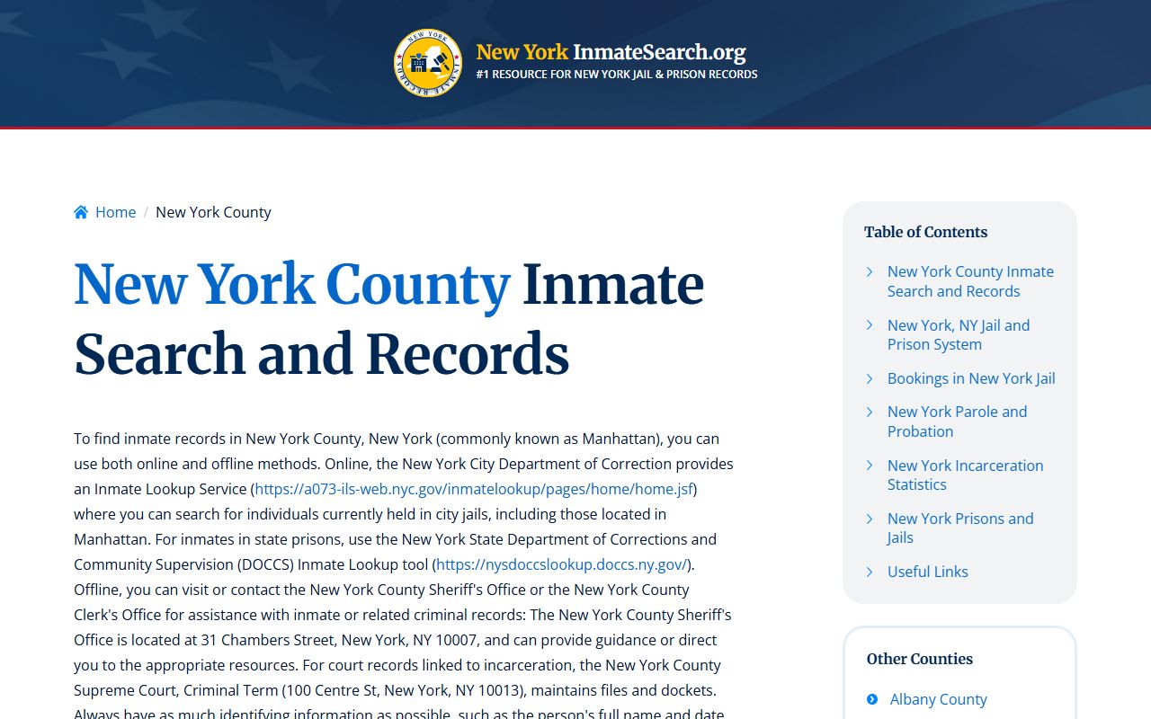 New York County inmate search resources showing booking records and custody information for Manhattan