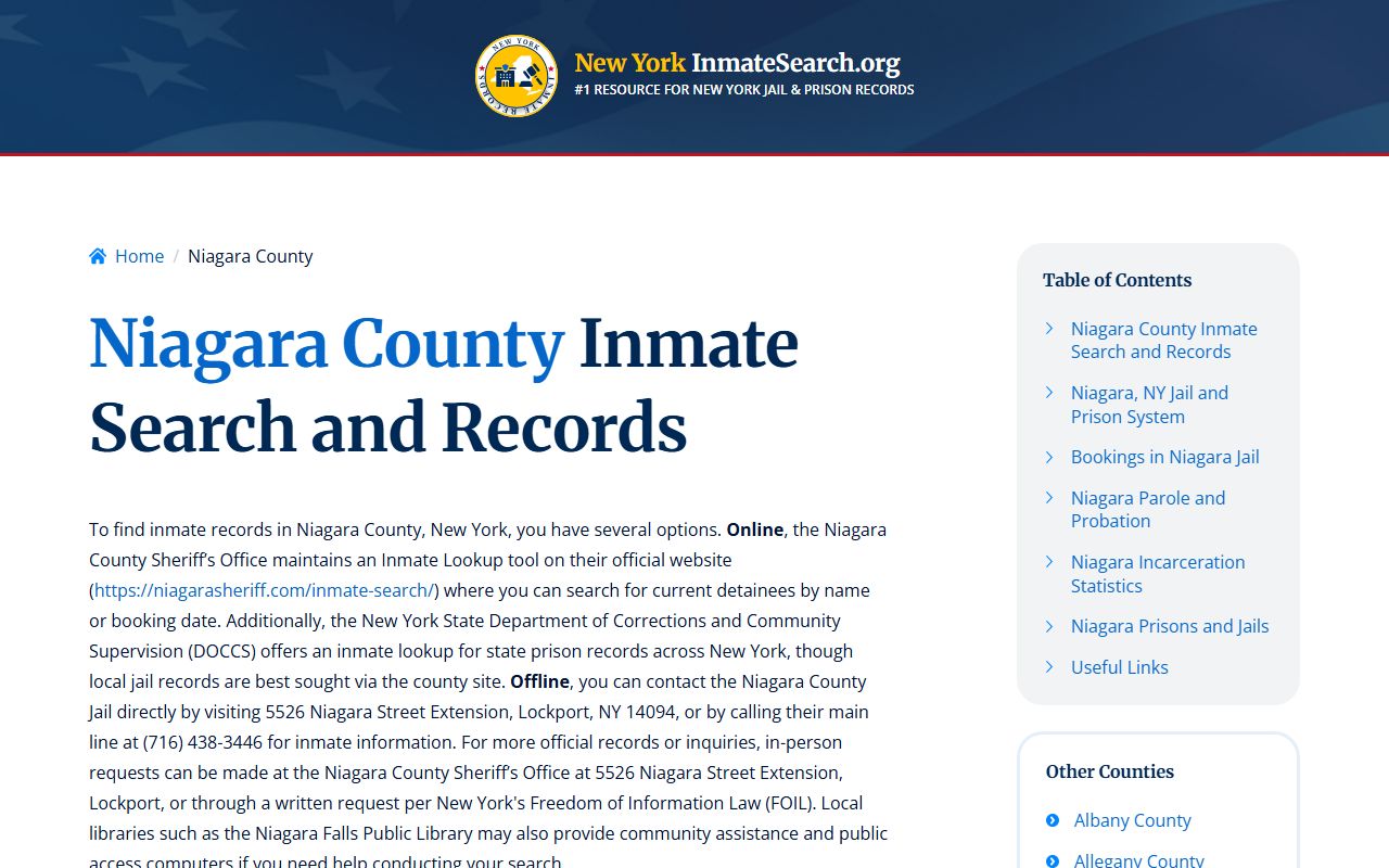 Niagara County inmate search tool showing booking records and custody status for recent bookings