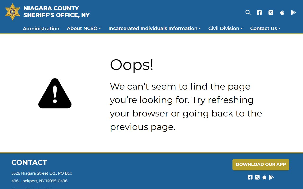 Niagara County Sheriff's Office website showing law enforcement services and recent bookings access