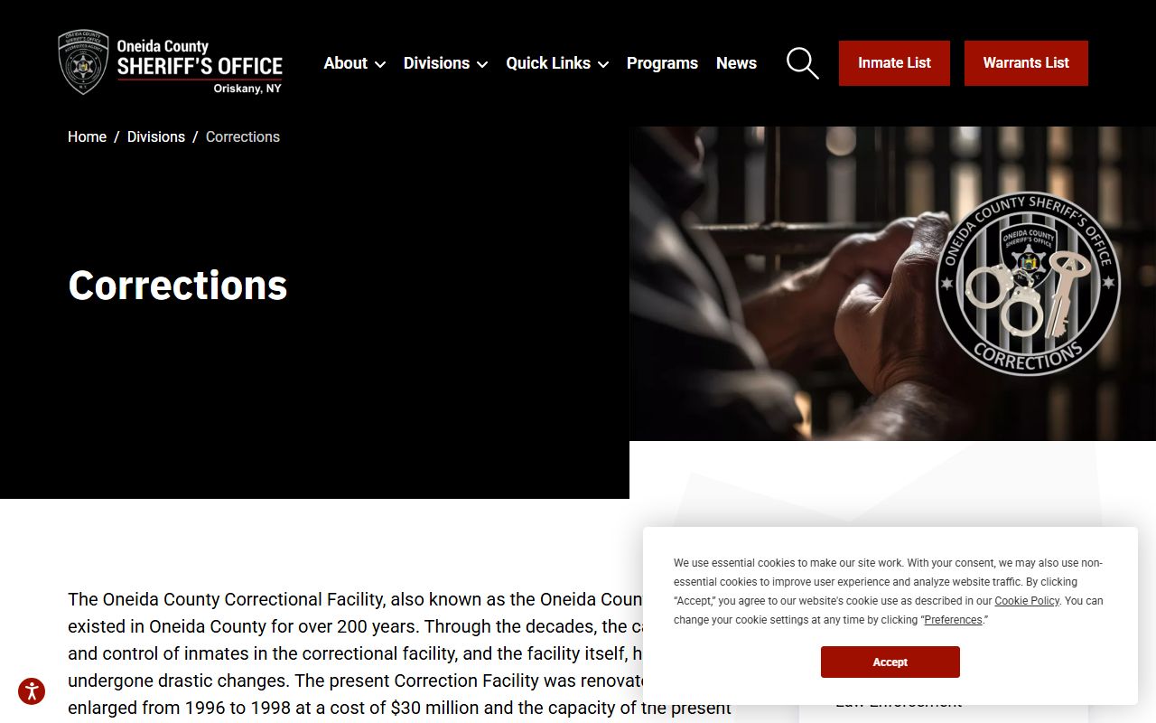 Oneida County Corrections Division page showing facility information and recent bookings resources