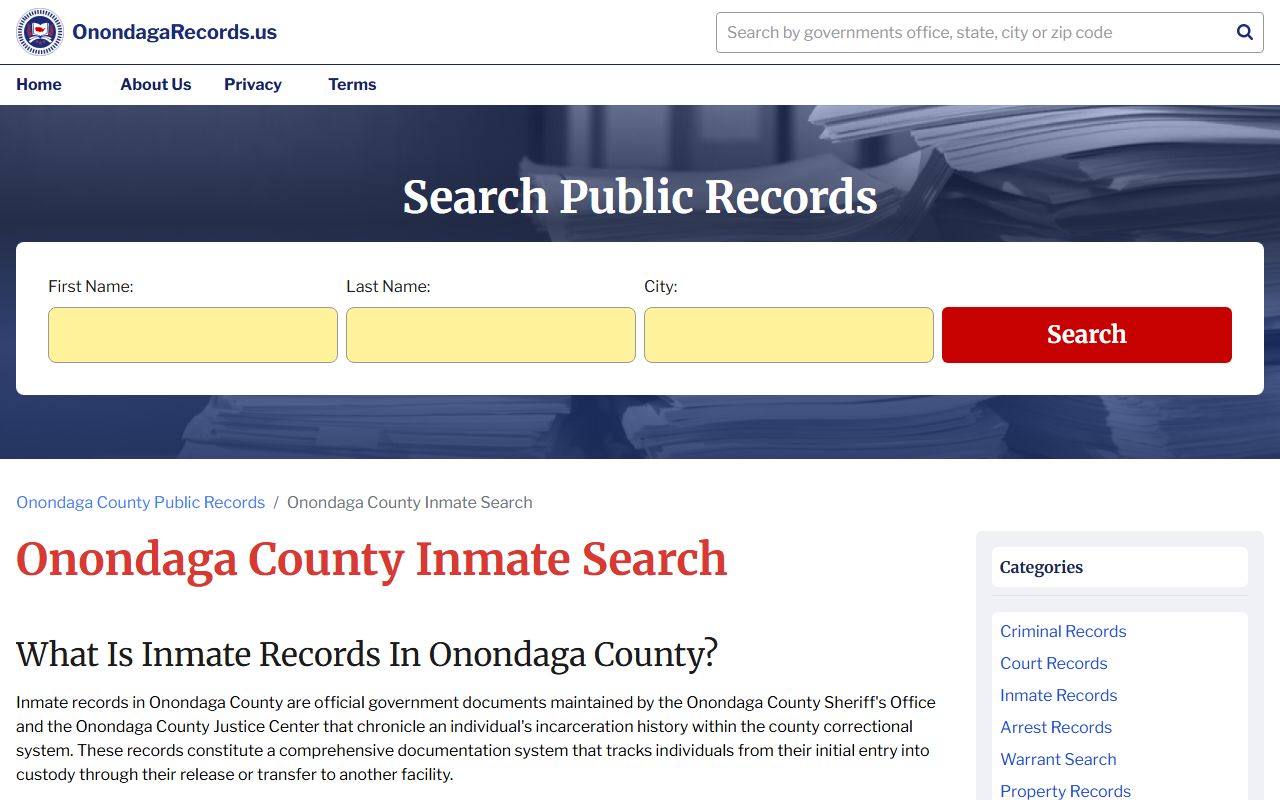 Onondaga County inmate search portal showing recent bookings and custody information