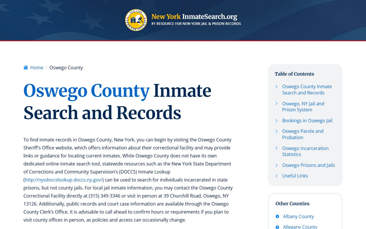 Oswego County inmate search resource showing recent bookings and jail data