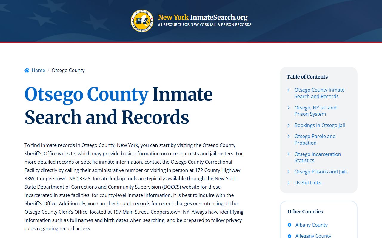 Otsego County inmate search resource showing recent bookings and jail information