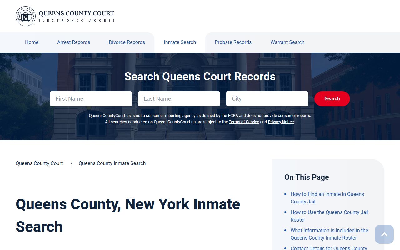 Queens County court records resource showing recent bookings and inmate search information