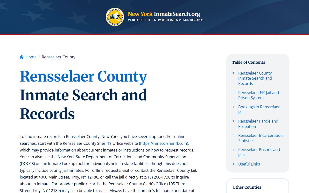 Rensselaer County jail facility information showing booking and inmate data