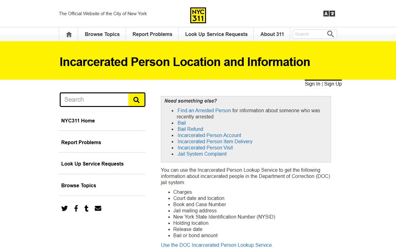 NYC 311 incarcerated person lookup showing Richmond County recent bookings information