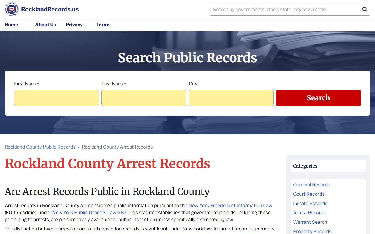 Rockland County arrest records resource showing recent bookings and criminal record information