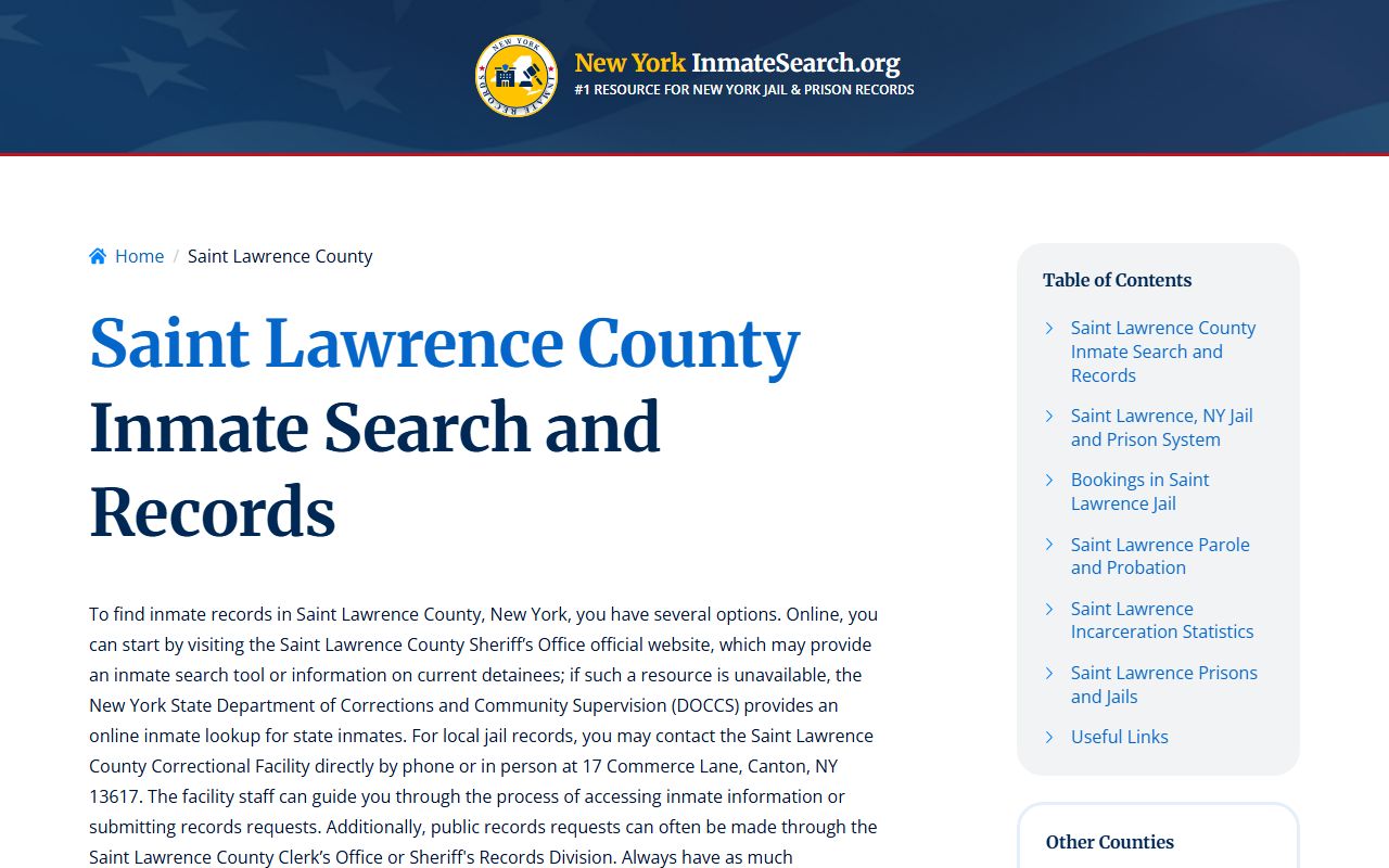 St. Lawrence County inmate search portal showing recent bookings and custody records