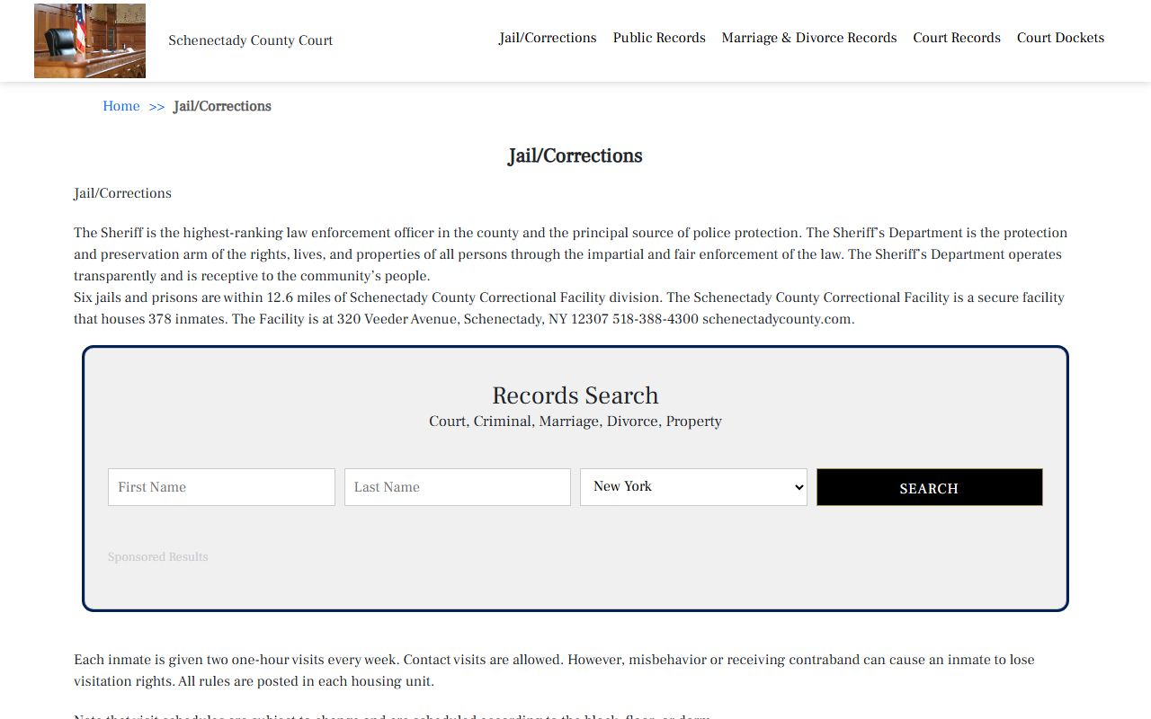 Schenectady County Jail and Corrections page showing facility information and recent bookings