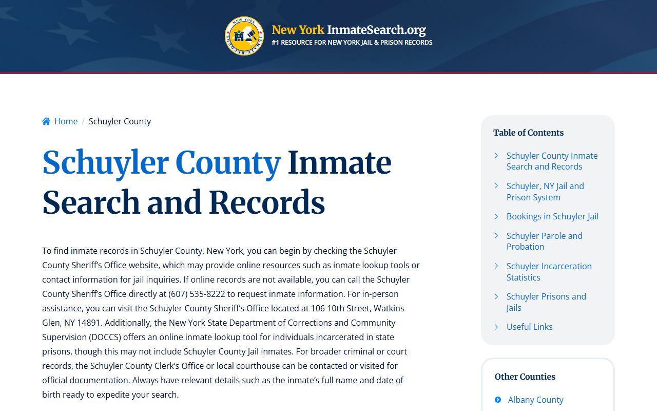 Schuyler County inmate search results showing booking details and custody status