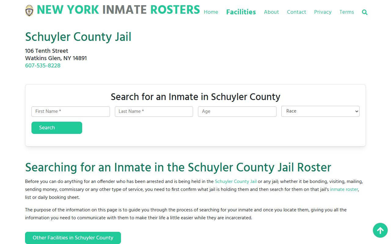 Schuyler County Jail inmate search page showing recent bookings and arrest records