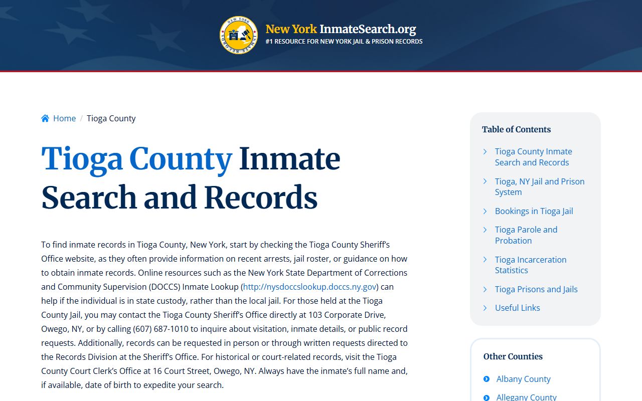 Tioga County inmate search showing booking details and custody status