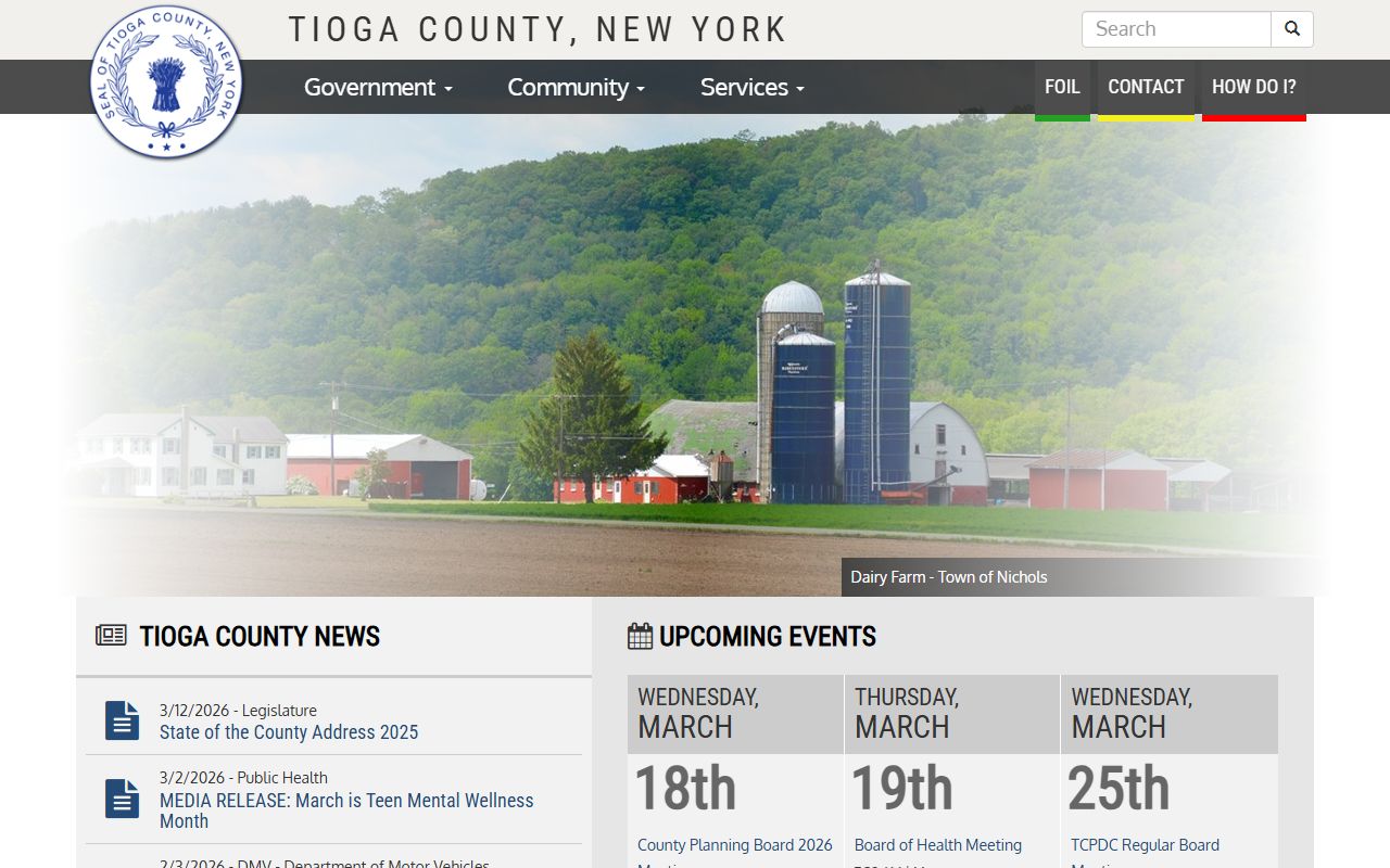 Tioga County Sheriff's Office website showing contact information and recent bookings access