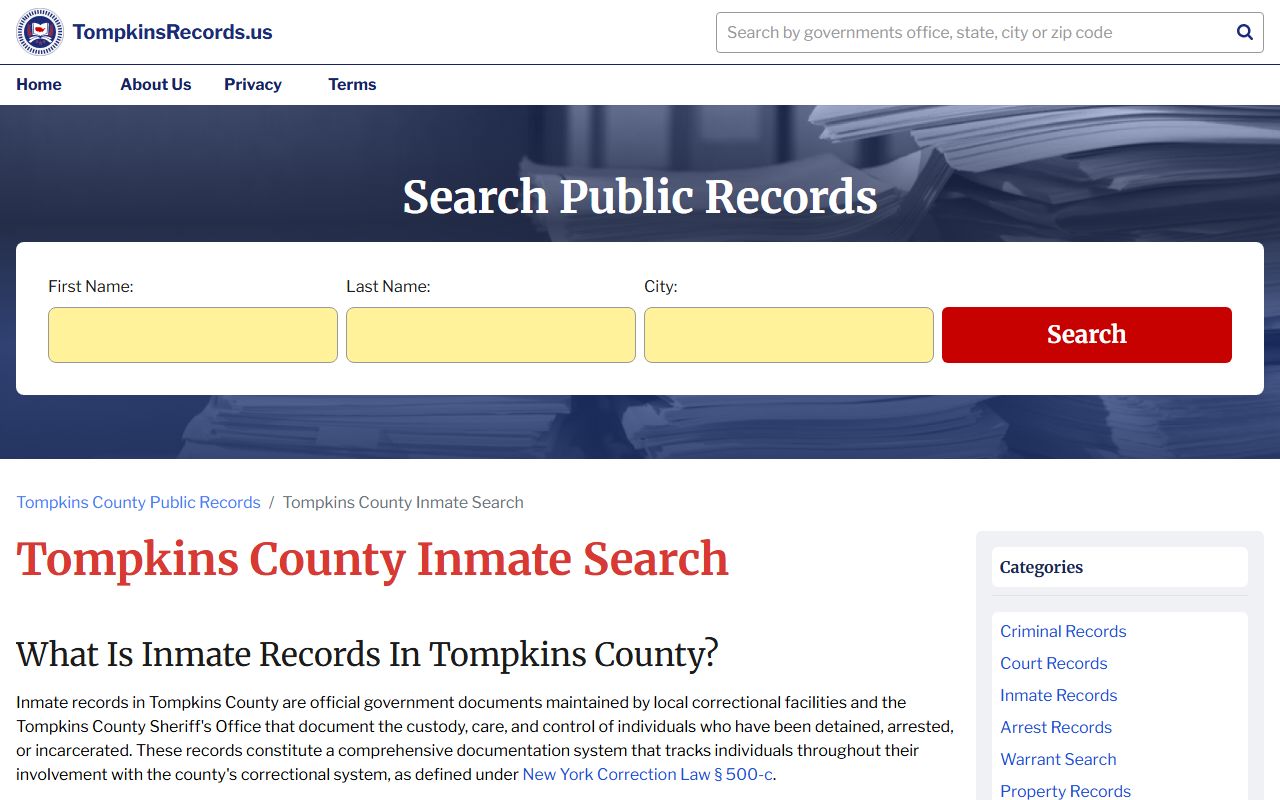 Tompkins County inmate search portal showing recent bookings and custody details