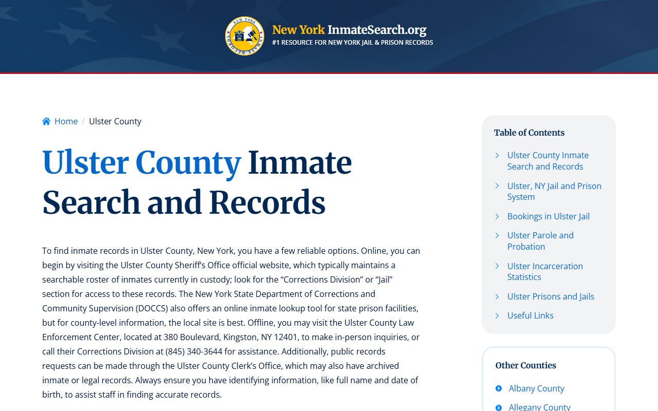 Ulster County inmate search portal showing recent bookings and custody information