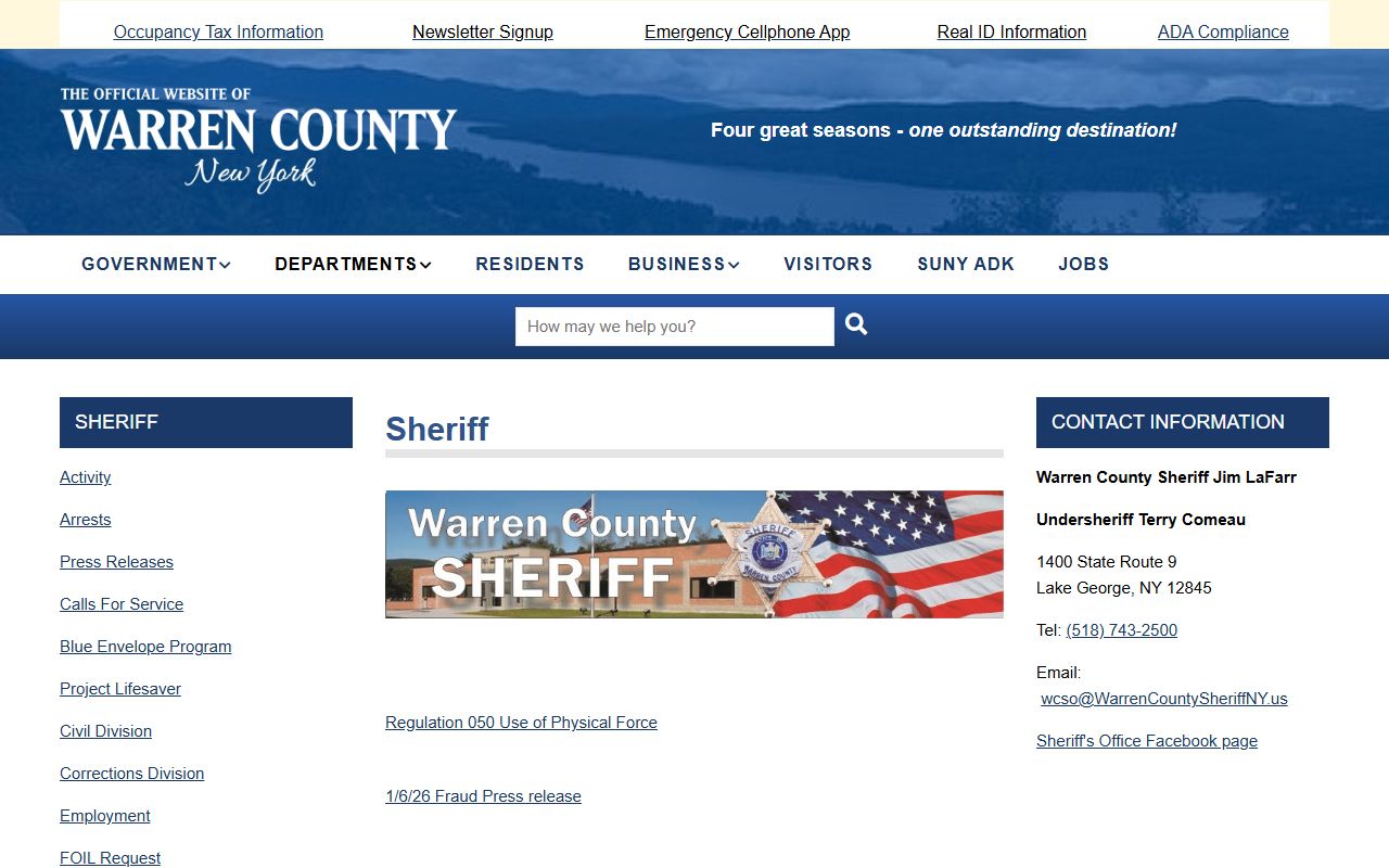Warren County Sheriff's Office website showing contact information and recent bookings resources