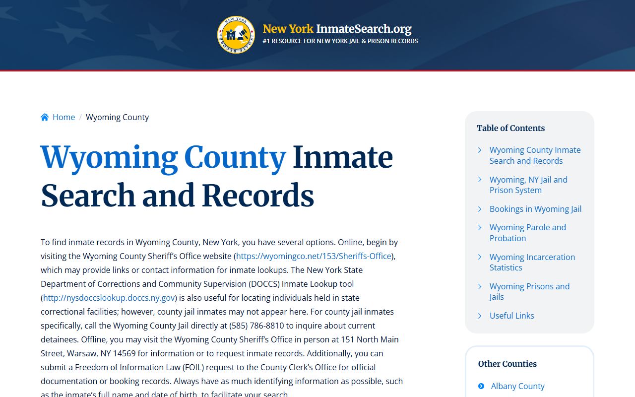 Wyoming County inmate search portal showing recent bookings and custody information