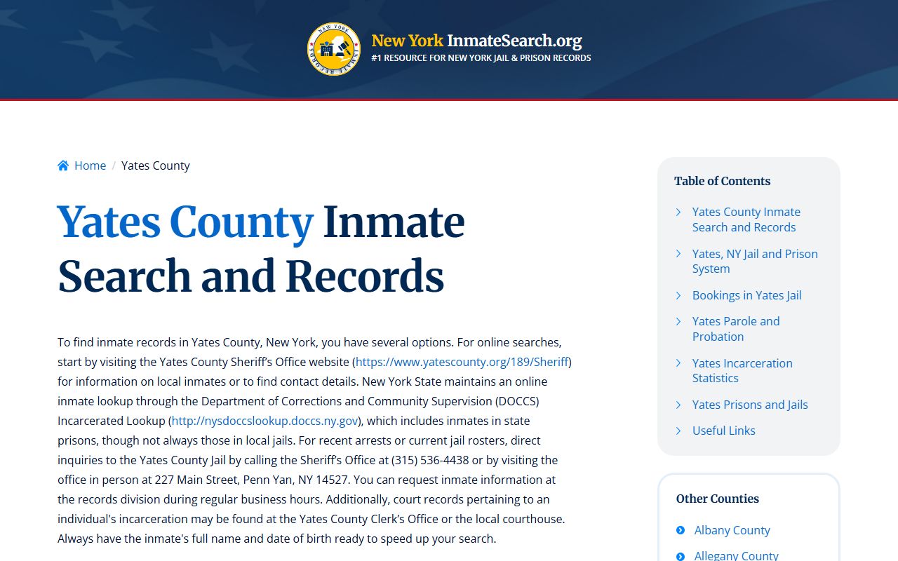 Yates County inmate search showing booking records and custody information