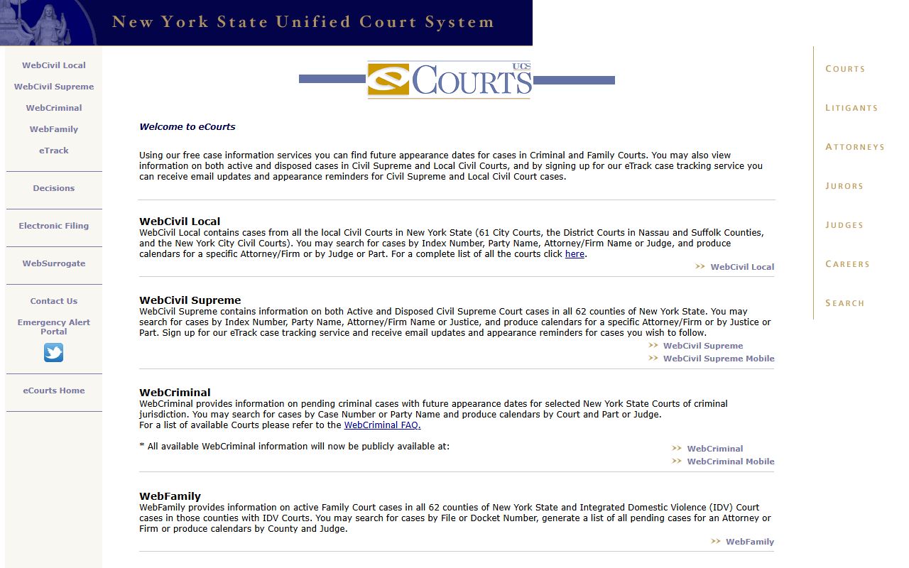 New York State Unified Court System WebCrims portal for searching recent bookings and criminal case information